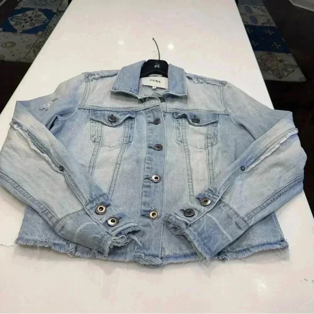 Pistola Women's Blue Denim Jacket Light Wash Distressed Raw Hem Cropped Size XS - Picture 6 of 8